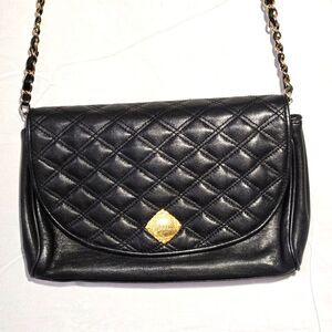 Vintage Monet Black Quilted Leather Snap Closure Shoulder Bag & Dust Bag